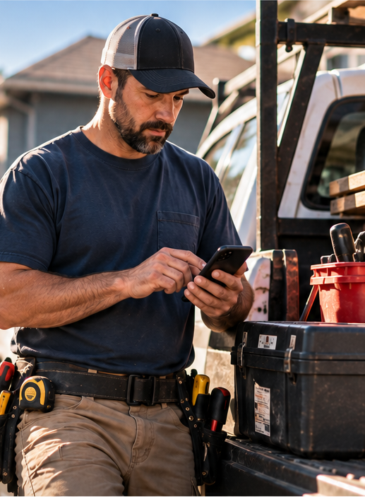 Service business owner using a phone beside a work truck