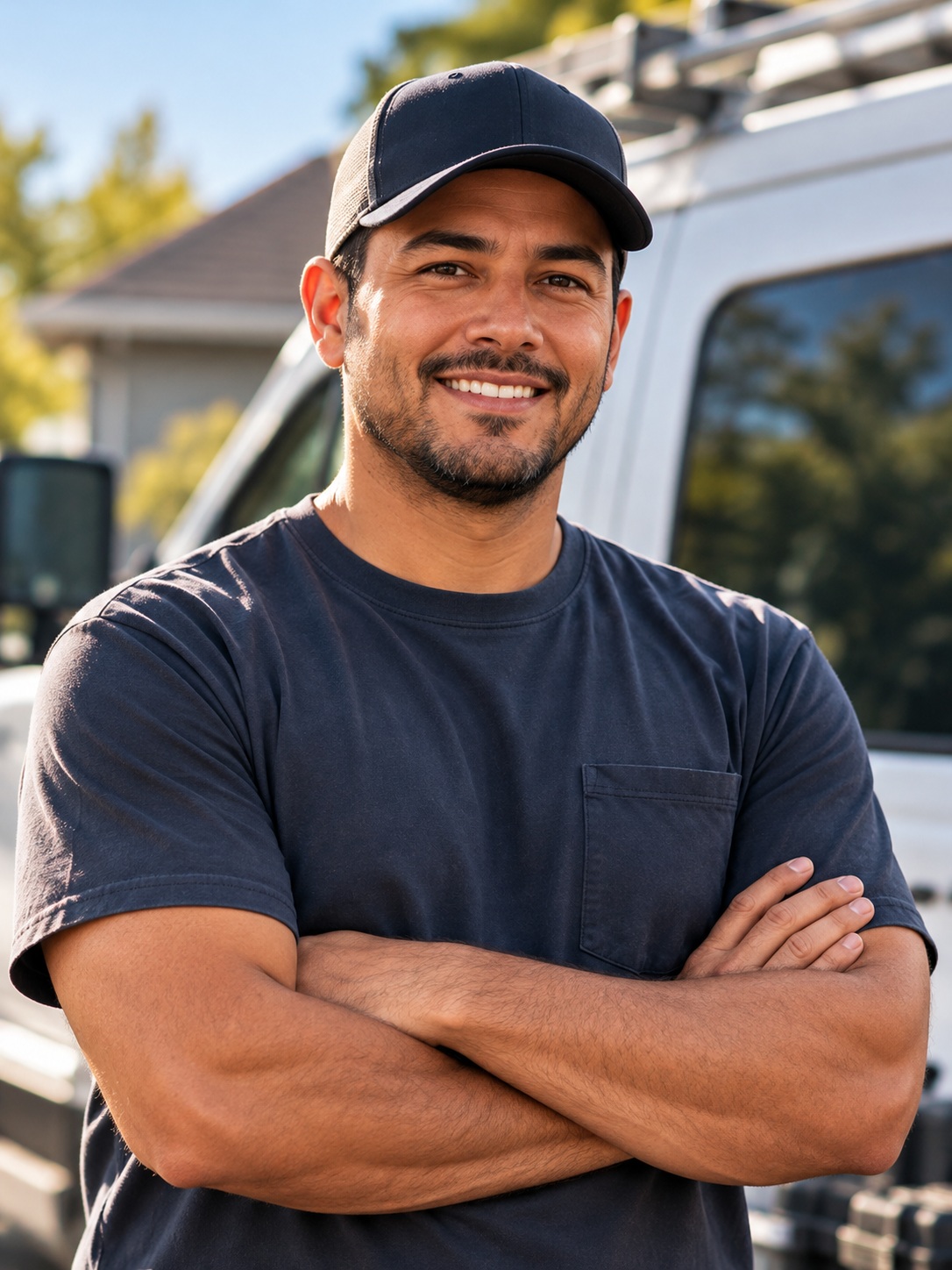 Latino home service business owner standing beside a work van