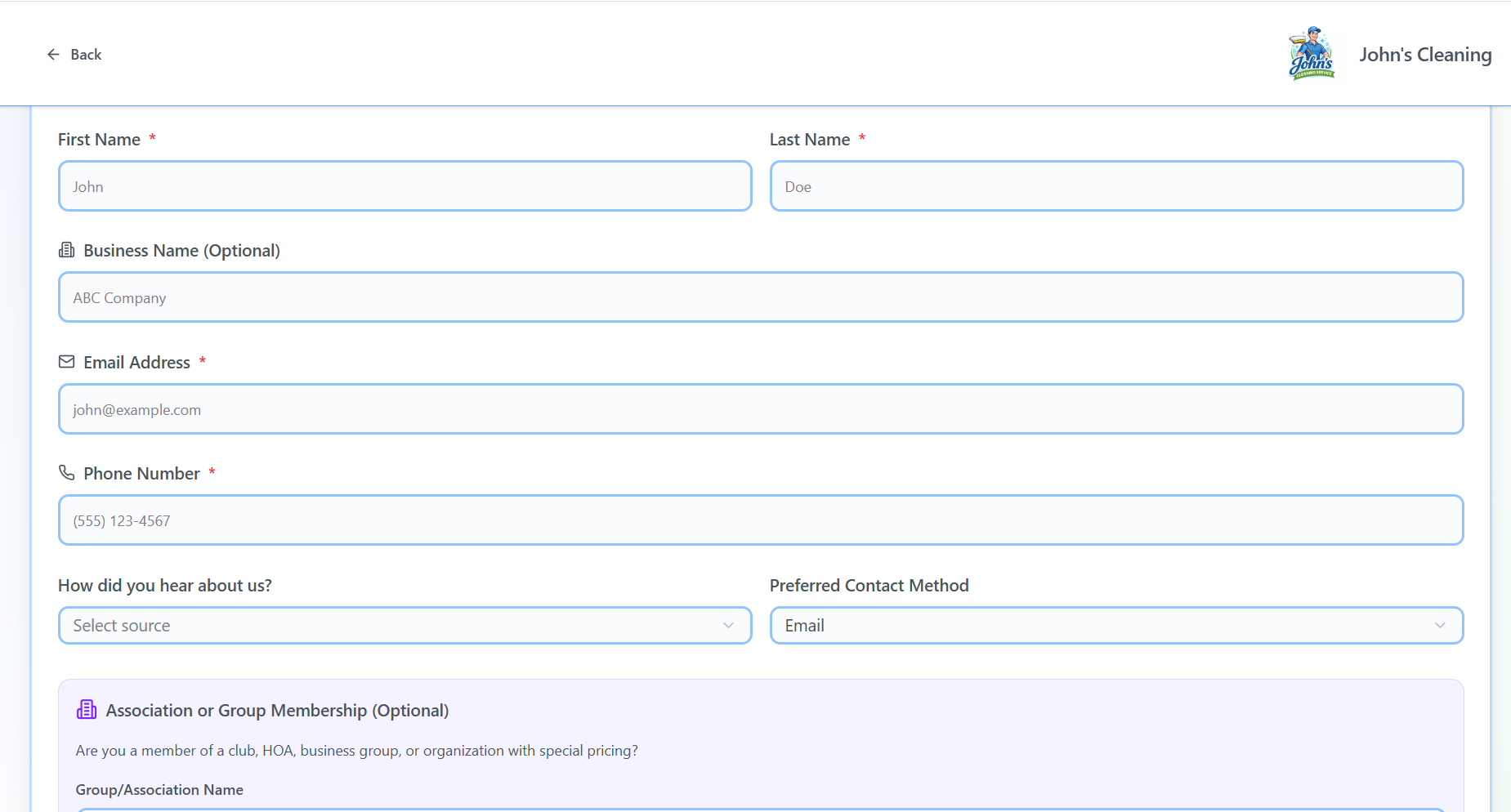 ProWorx customer intake form
